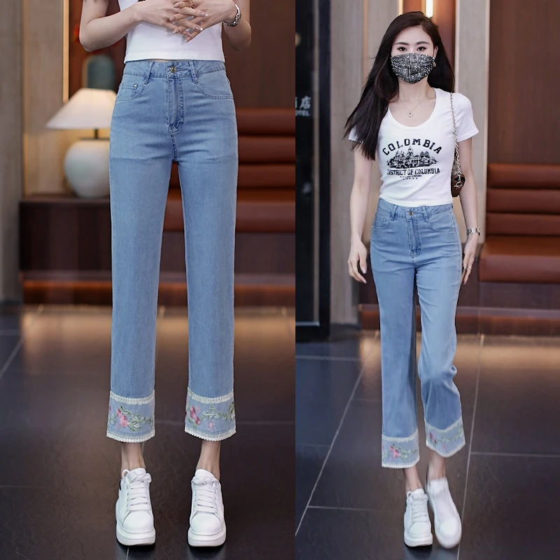 天丝国风刺绣牛仔裤女夏2025薄款高腰显瘦烟管裤小个子九分直筒裤