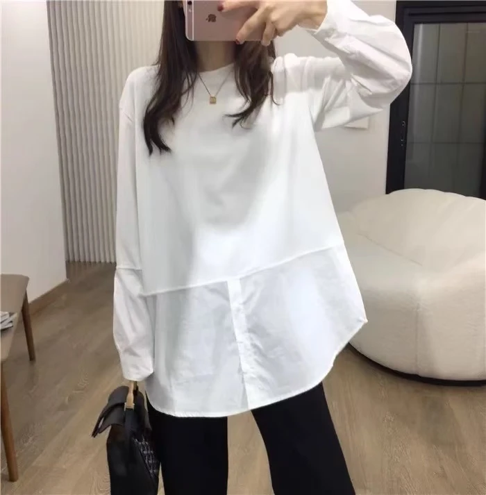 WYK 胸120长74中长款宽松型假两件拼接长袖T恤设计感圆领 7917