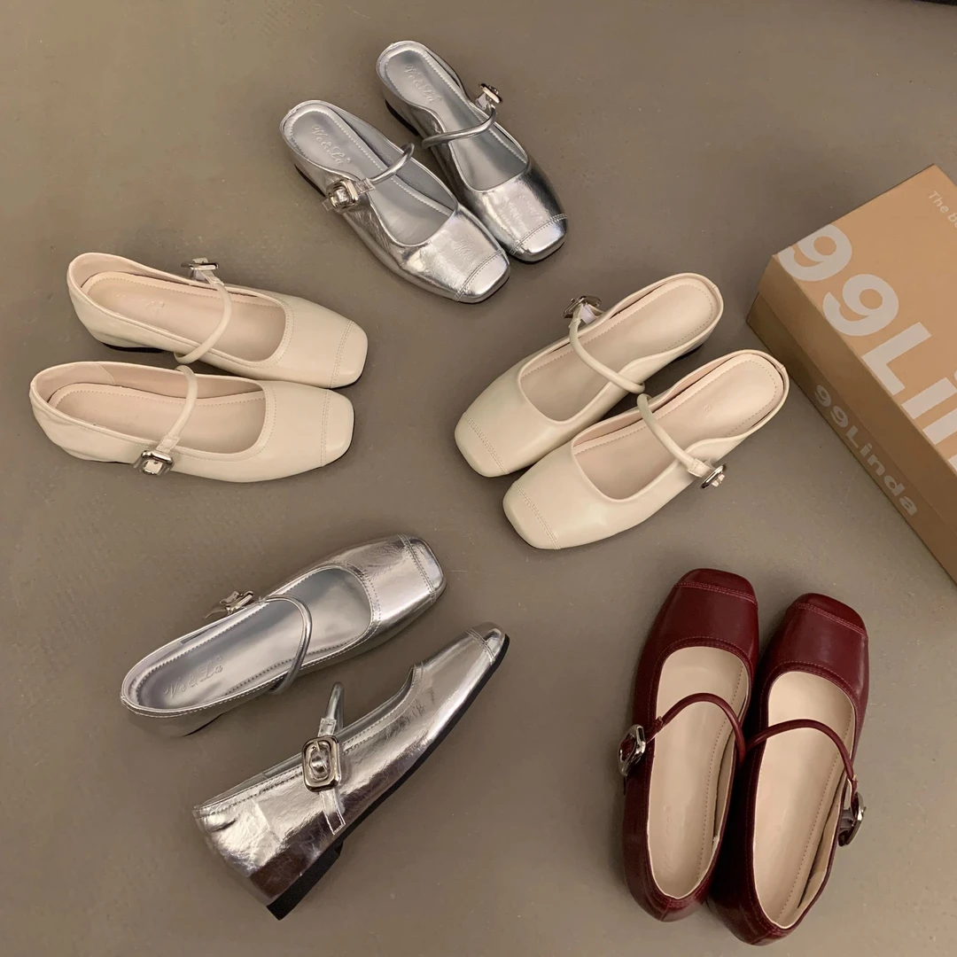 韩版一字带玛丽珍单鞋女2025夏季款法式银色时尚半拖鞋包头凉拖女