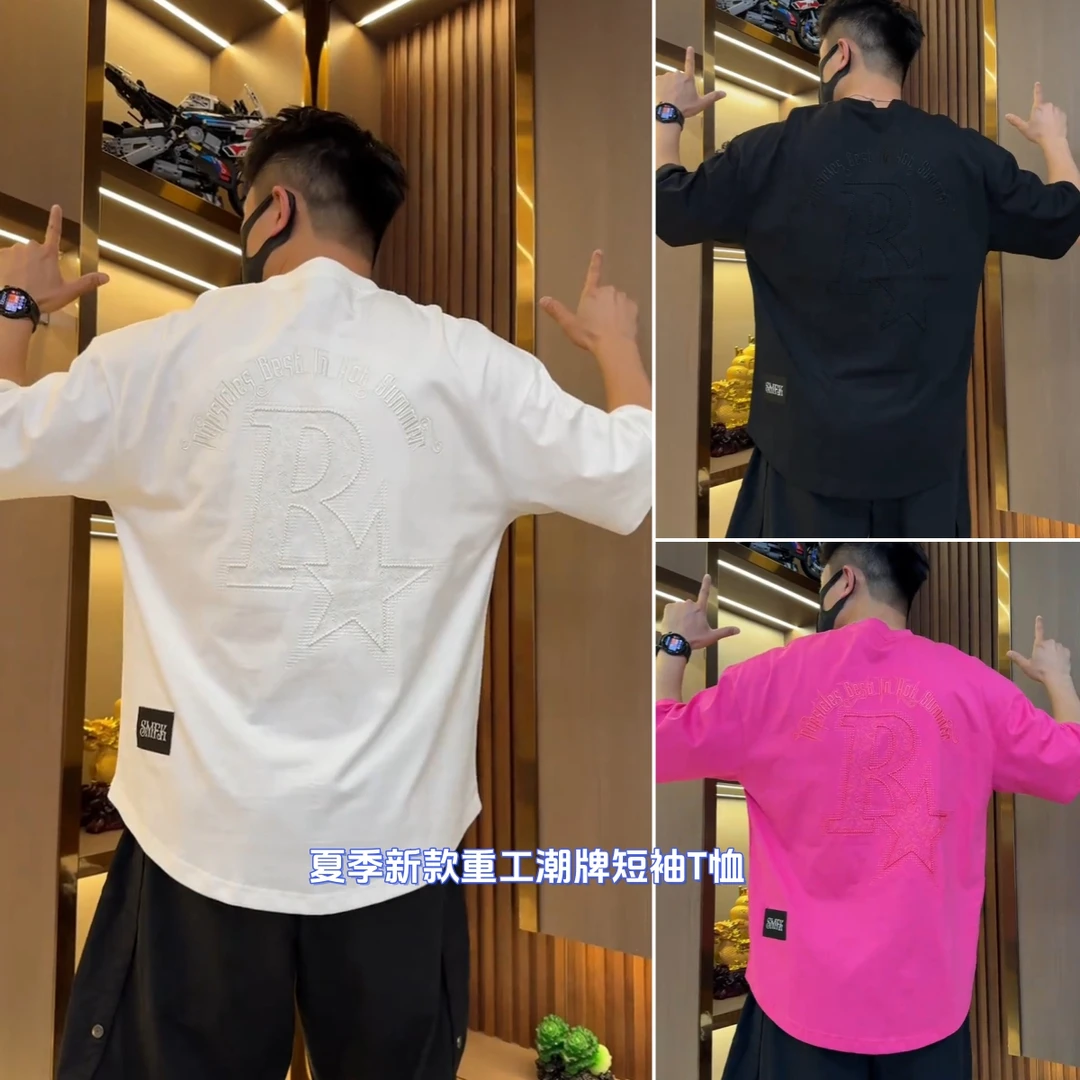 探戈服饰【R字母短袖】2025夏季美式潮牌短袖T恤重工刺绣圆领半袖T