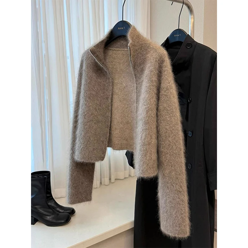 洋气独特别致咖色毛衣外套女秋冬小个子高级感超好看宽松短款上衣