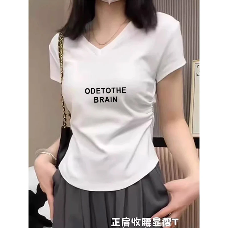 2025新款正肩V领纯棉短袖t恤女洋气不规则褶皱收腰显瘦上衣夏季潮
