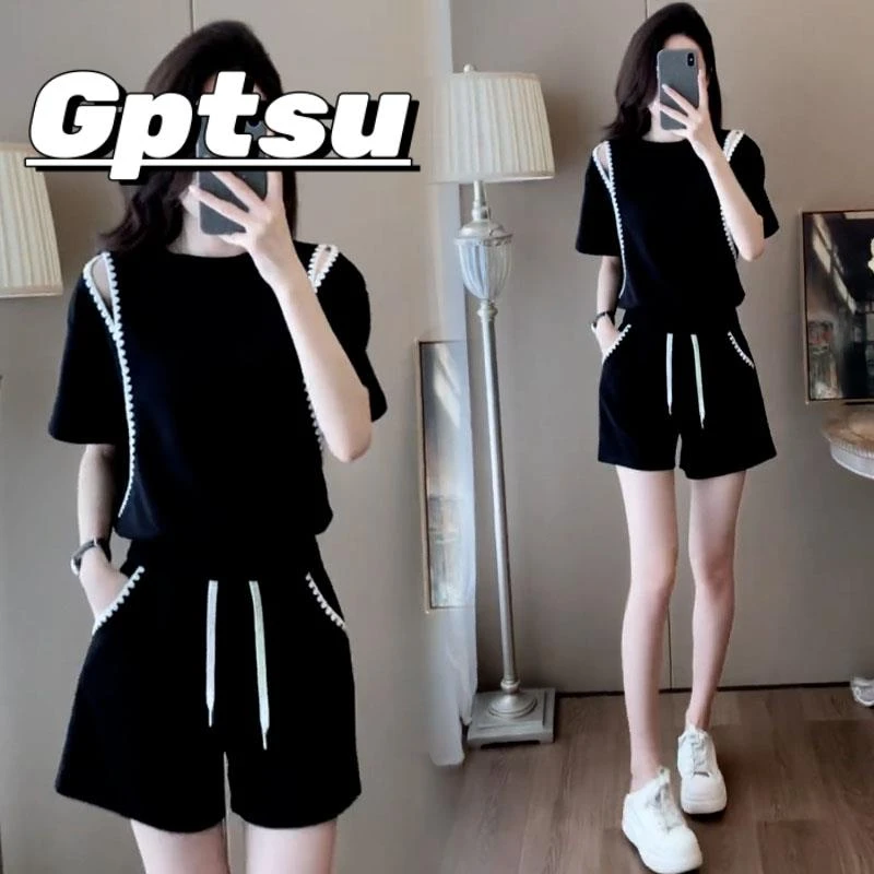GPTSu休闲运动服套装女2025夏季款露肩短袖小个子高腰短裤两件套