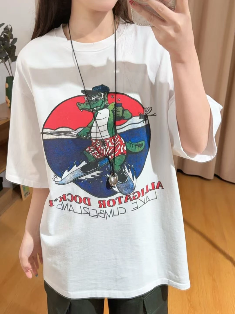 85103余小鱼【冲浪鳄鱼】白色字母卡通印花圆领大版短袖百搭T恤女装