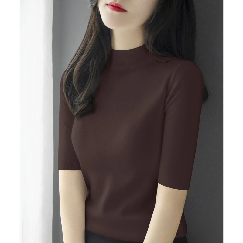 秋季半高领五分袖打底衫新年新款红色中袖针织衫时尚修身套头女装