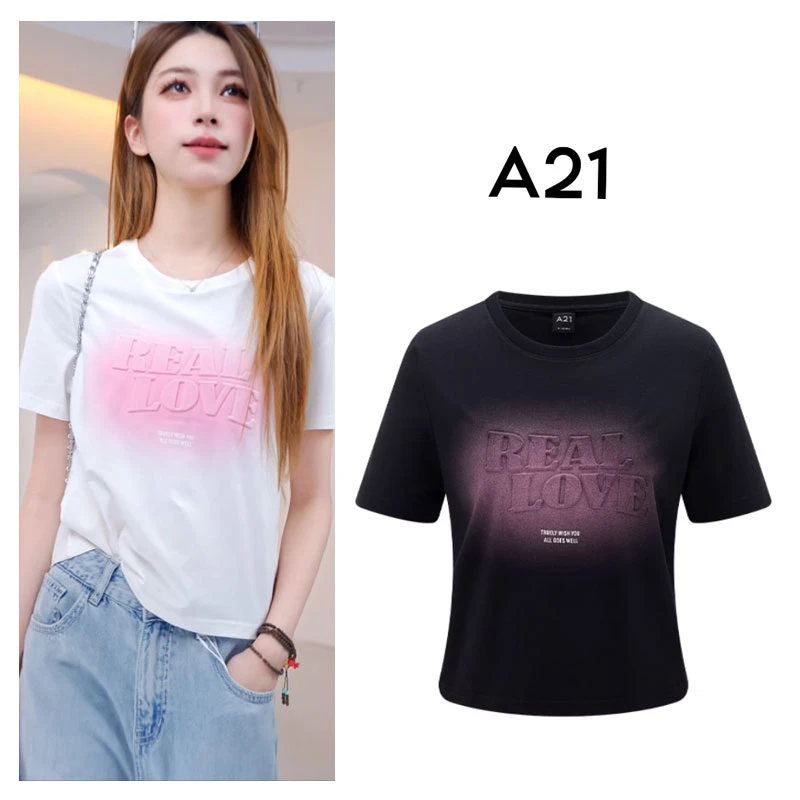 A21新款女装设计感立体压印花时尚字母T恤渐变圆领上衣F452231071
