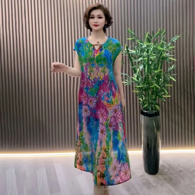618高品质夏季新款时尚双绉真丝连衣裙妈妈花色减龄宽松大码长裙