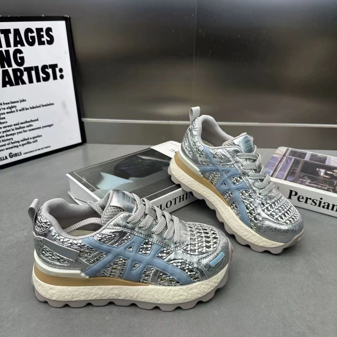 厚底运动鞋女款2025新款夏季薄款镂空网面透气休闲拼色松糕老爹鞋