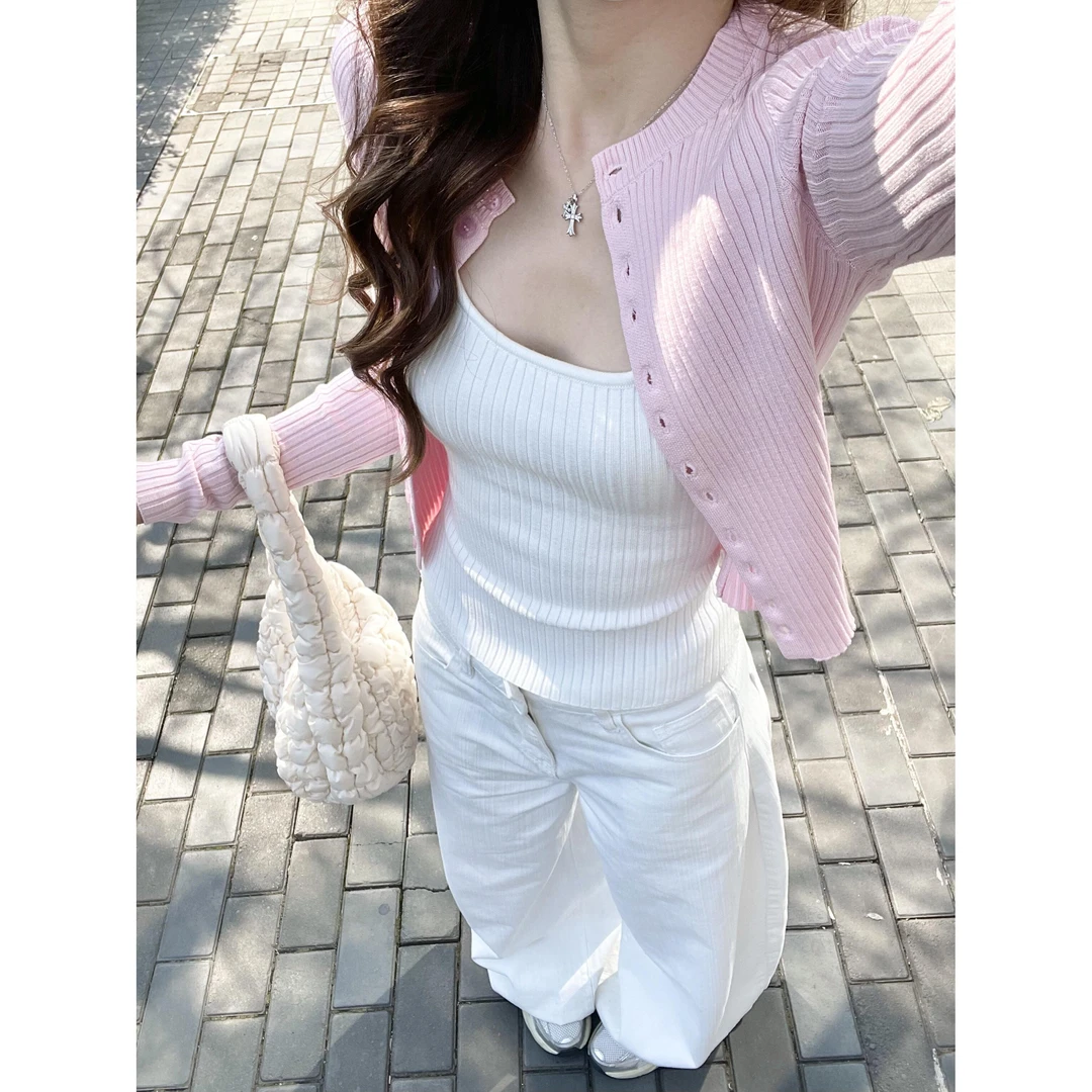 重磅推荐！温柔风针织吊带背心开衫两件套装女纯欲甜辣妹修身上衣