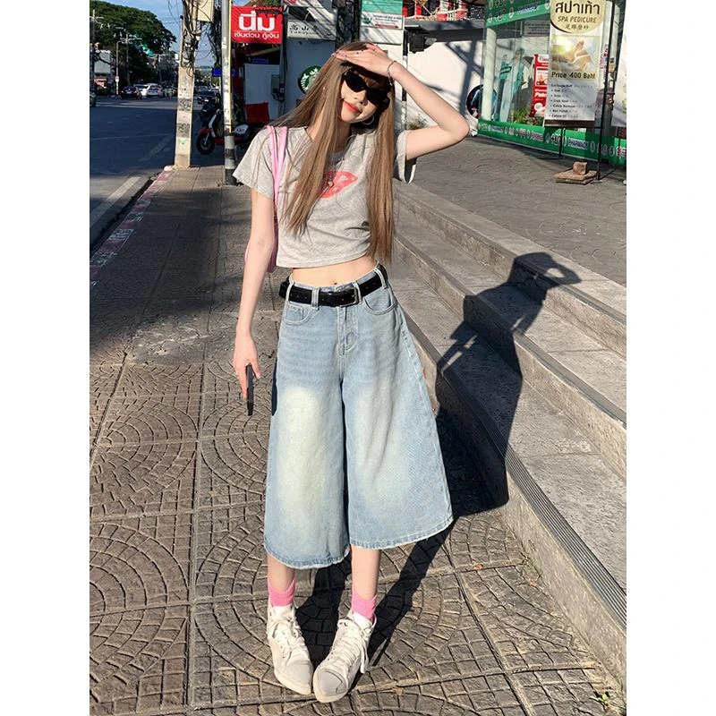 POYZ美式复古浅蓝色高腰宽松阔腿七分裤女春夏显瘦百搭牛仔裤