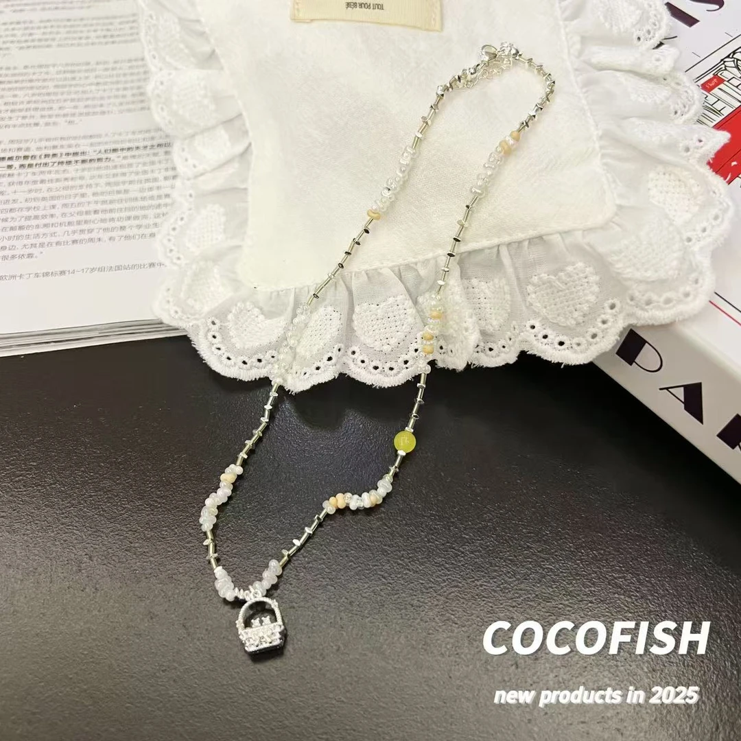 钛钢仿珍珠项链 简约小众别致珍珠猫眼小篮子项链#5036