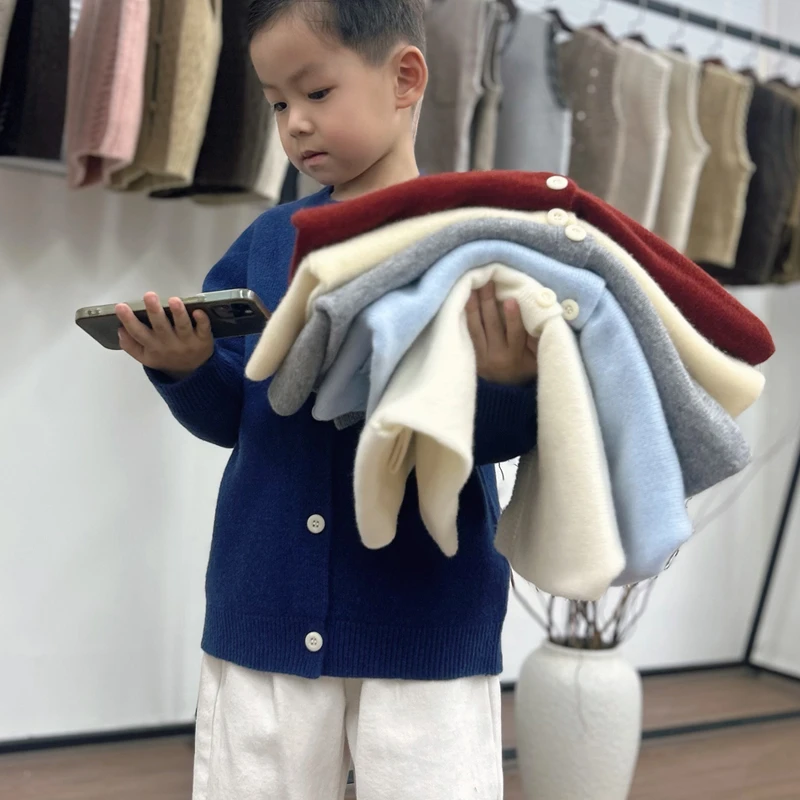 【100%全羊毛】一体无缝开衫圆领单排扣简约百搭秋冬男女童保暖