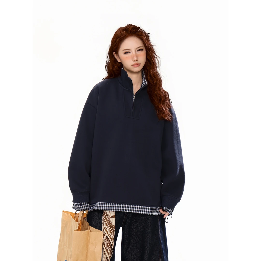 秋冬款假两件卫衣拼接撞色格子立领外套慵懒风情侣款百搭宽松上衣