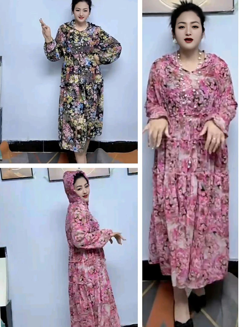 碎花大码秋季连帽连衣裙长袖夏季印花时尚花色裙显瘦长裙