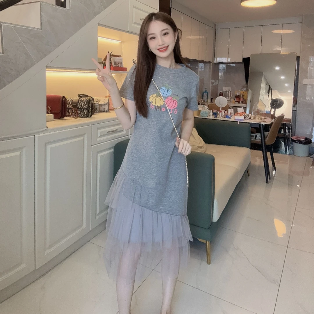 拼接印花高腰休闲风连衣裙夏季气质蕾丝减龄修身