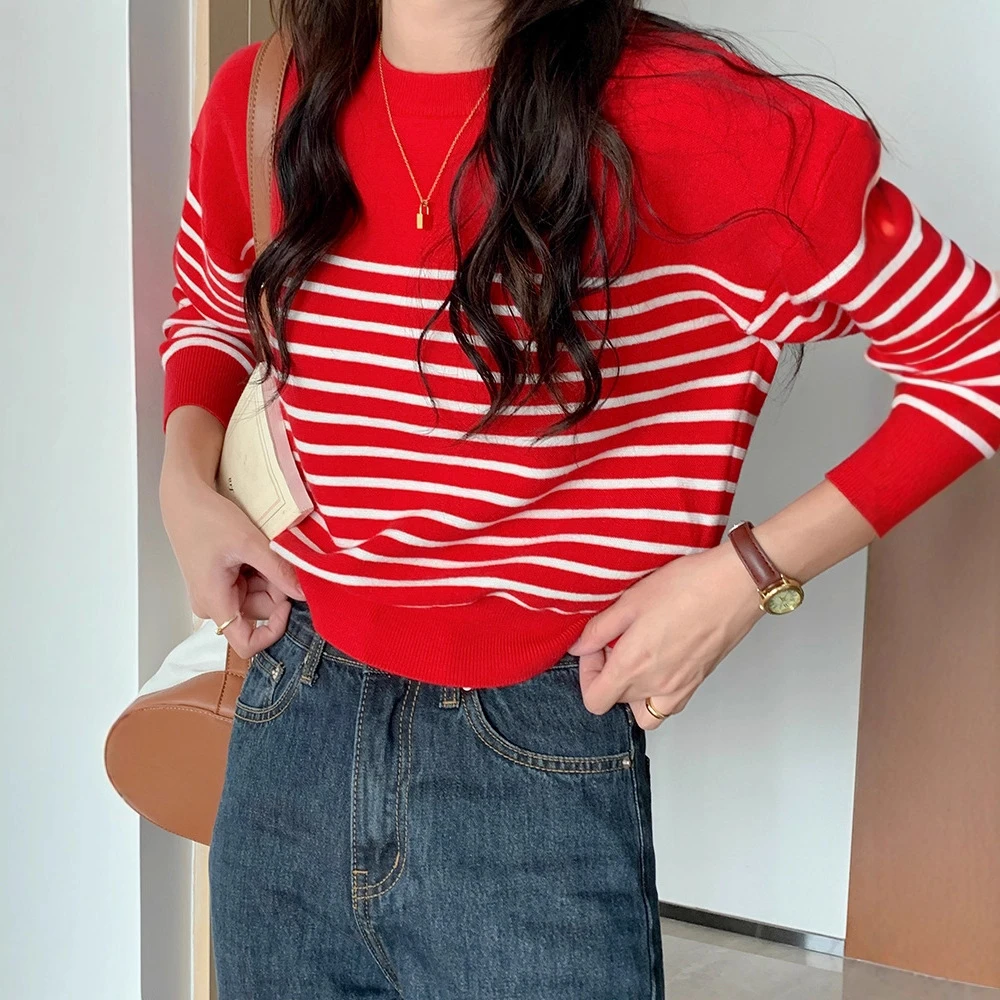 圣诞红色条纹针织衫百搭上衣女秋冬圆领内搭长袖时尚打底衫短款