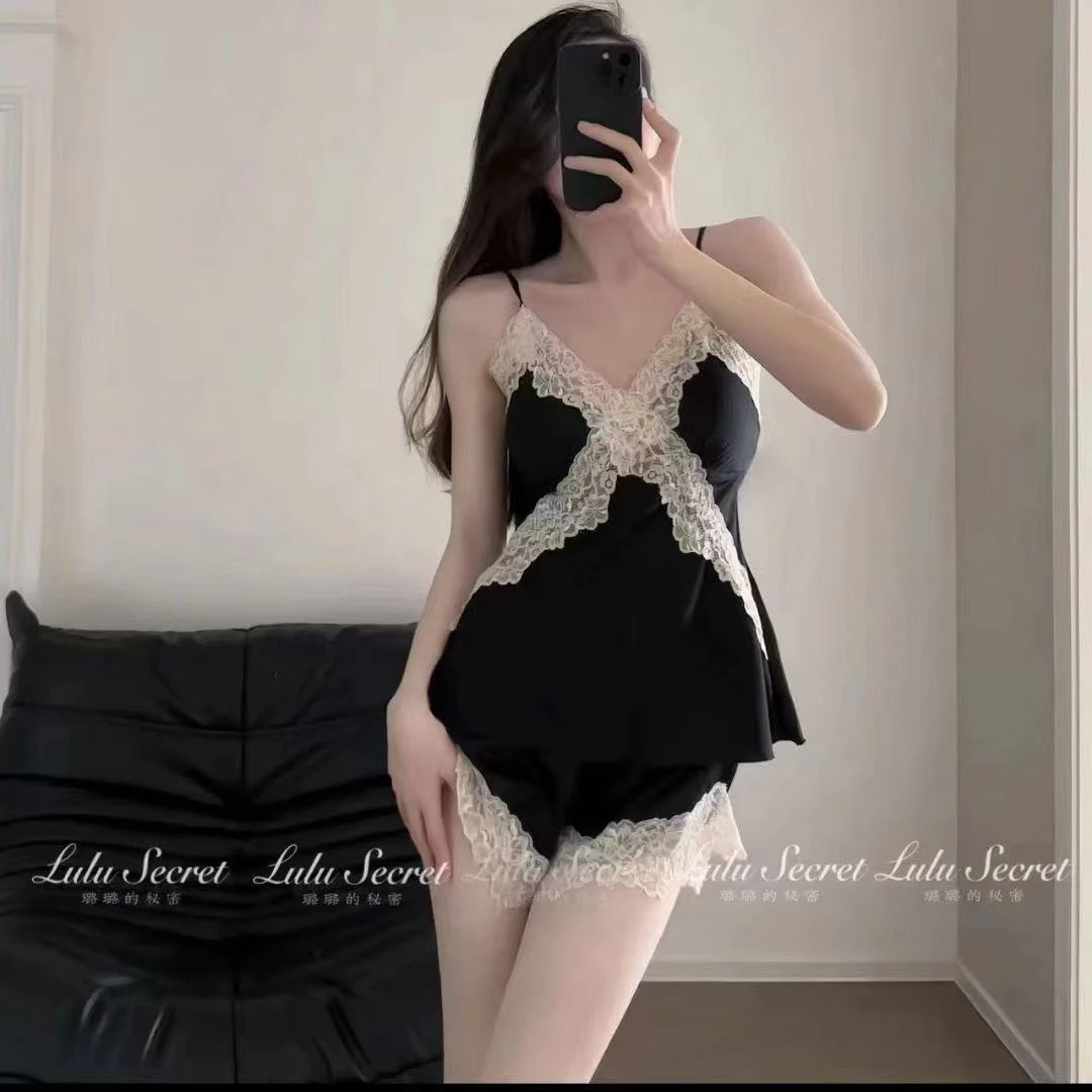 【百沐萱】100-255斤性感睡衣女纯欲风蕾丝春秋夏薄款睡衣套装