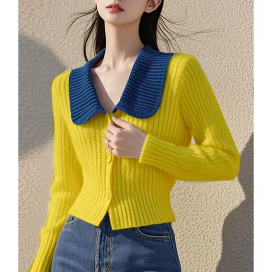 娃娃针织衫撞色长袖针织开衫短款2025新款洋微胖mm大码毛衣