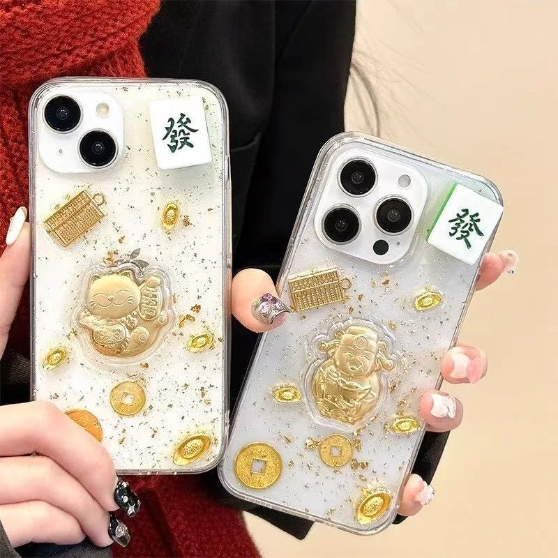 新款喜庆招财猫手机壳适用苹果16/17pro Max财神发财壳透明防摔
