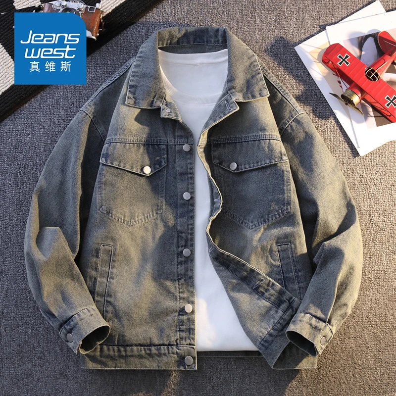 Jeanswest/真维斯秋季慵懒风痞帅牛仔衬衫潮流宽松夹克工装男外套