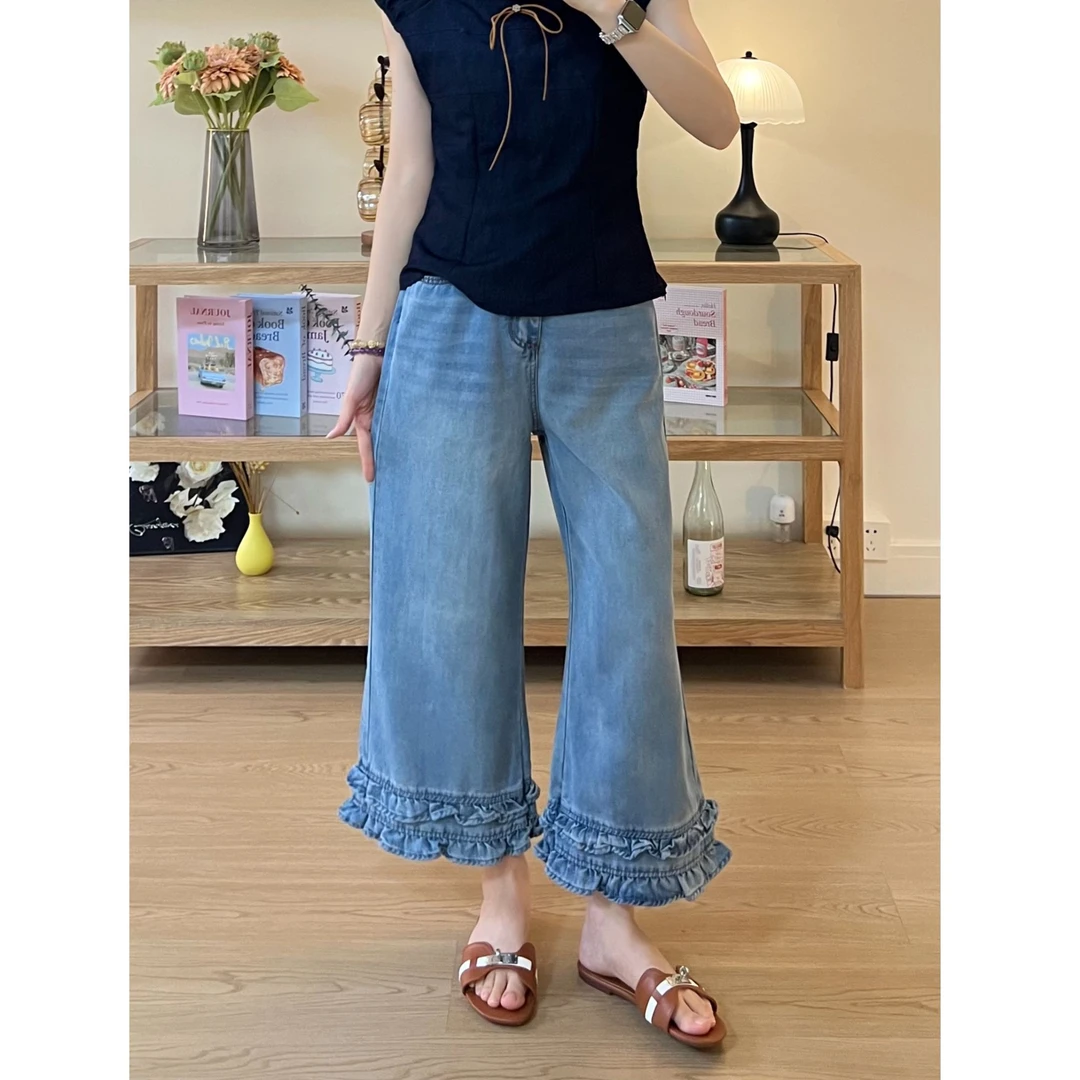 莱赛尔冰丝花边牛仔裤女2025夏季新款宽松洋气显瘦垂感阔腿九分裤