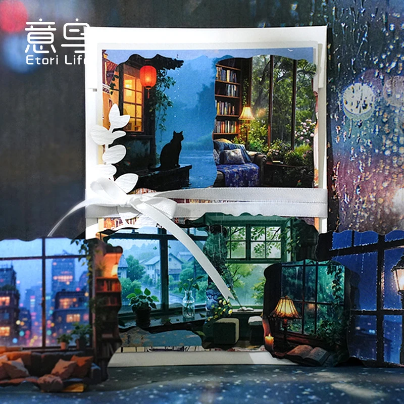 意鸟etori飞机盒贴纸 雨爱系列 雨中造景手账DIY素材贴40张入新品