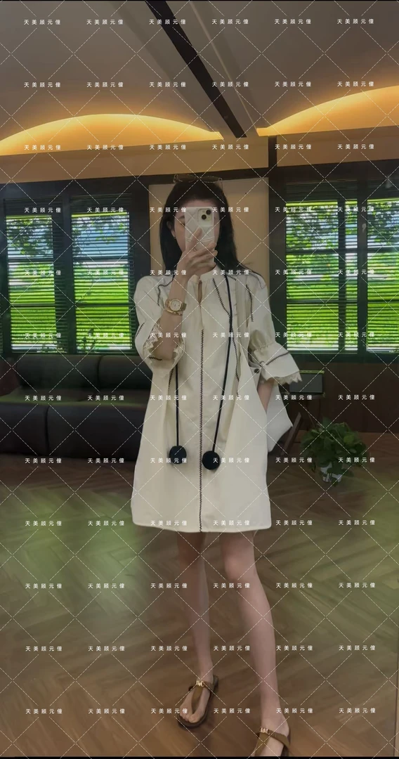 Honey Slurp【添添】25059走秀款条纹v领套头连衣裙 女款 象牙白