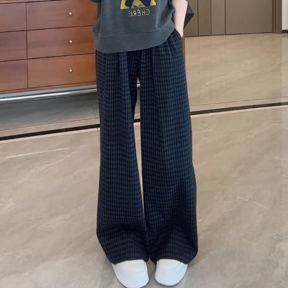 韩版格纹高腰垂感阔腿裤女2025春秋季新款休闲时尚百搭直筒长裤子