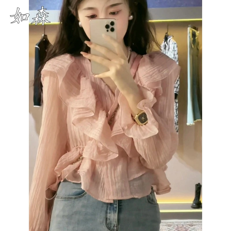 夏季新款温柔风V领荷叶边衬衫独特别致显瘦修身短款雪纺衫上衣女