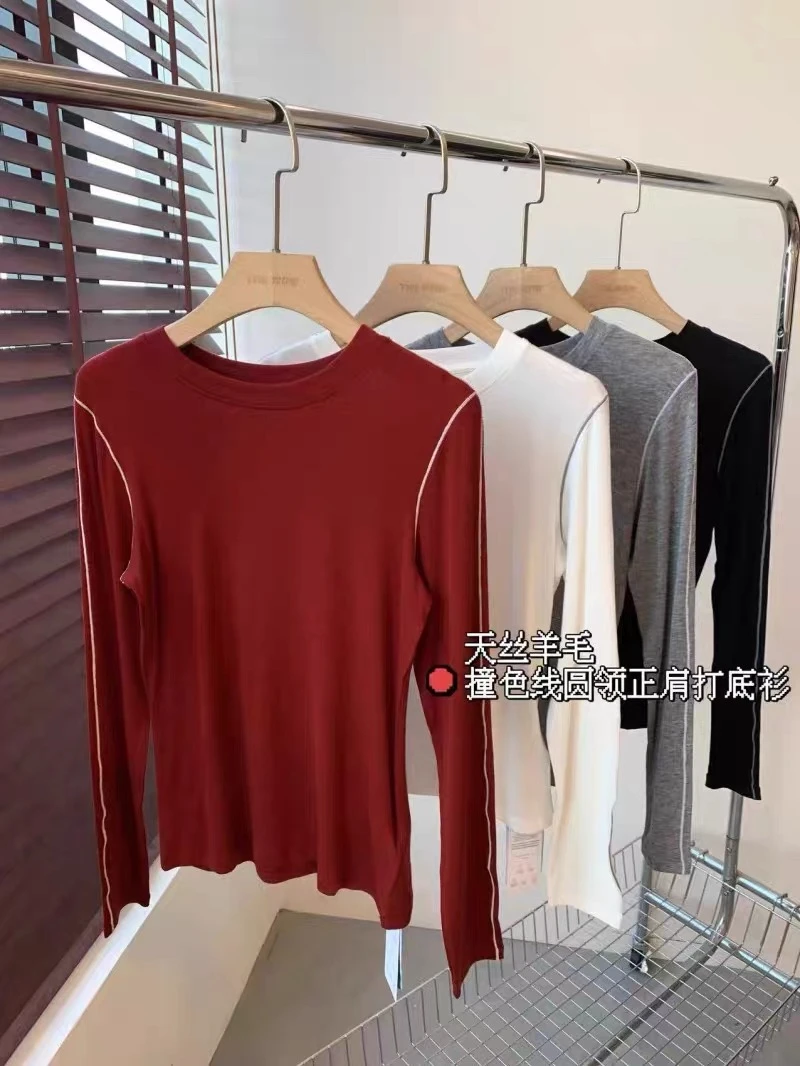 海宁革调秋季新款抗菌显瘦撞线羊毛天丝打底衫女士长袖T恤衫