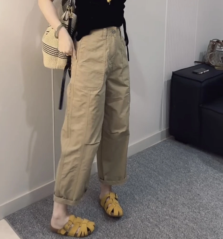 萱贝纯时尚百搭直筒休闲裤子女2025秋季薄款工装裤宽松显瘦气球裤