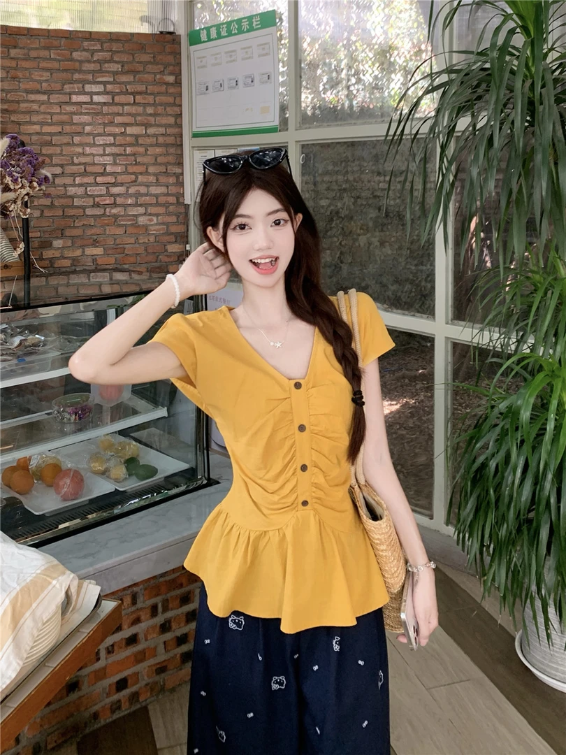 洋气衣服女小清新V领时尚压褶显瘦百搭显瘦小衫女装上衣高腰长裤