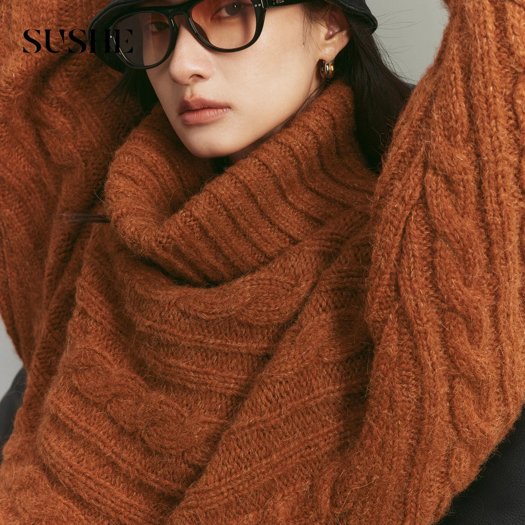 束皙SUSHE 煦织 知性优雅 羊驼毛双层翻领罗纹收束厚实绞花毛衣