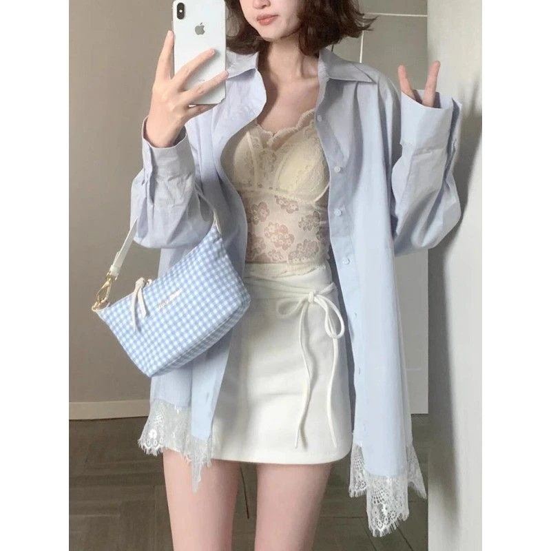 法式蓝色Polo领蕾丝拼接长袖衬衫女春夏气质通勤百搭衬衣防晒上衣