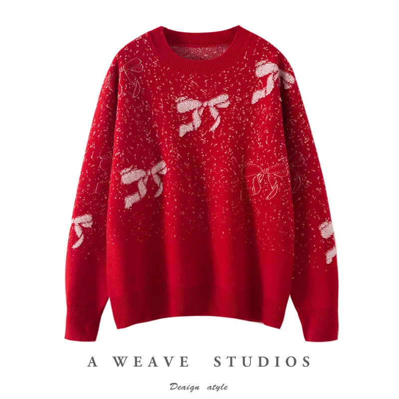 秋冬100%纯羊毛衫女圆领蝴蝶结提花毛衣宽松加厚红色打底上衣BMJ
