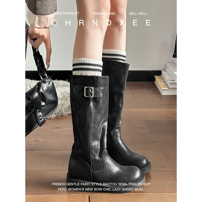 牛皮版~韩版高级宽筒厚底长筒靴女秋冬新款金属皮带扣粗跟高筒靴