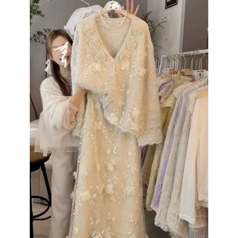 【仙绒花境】D1696立体花朵蕾丝拼接设计松慵懒毛衣半身裙两件套