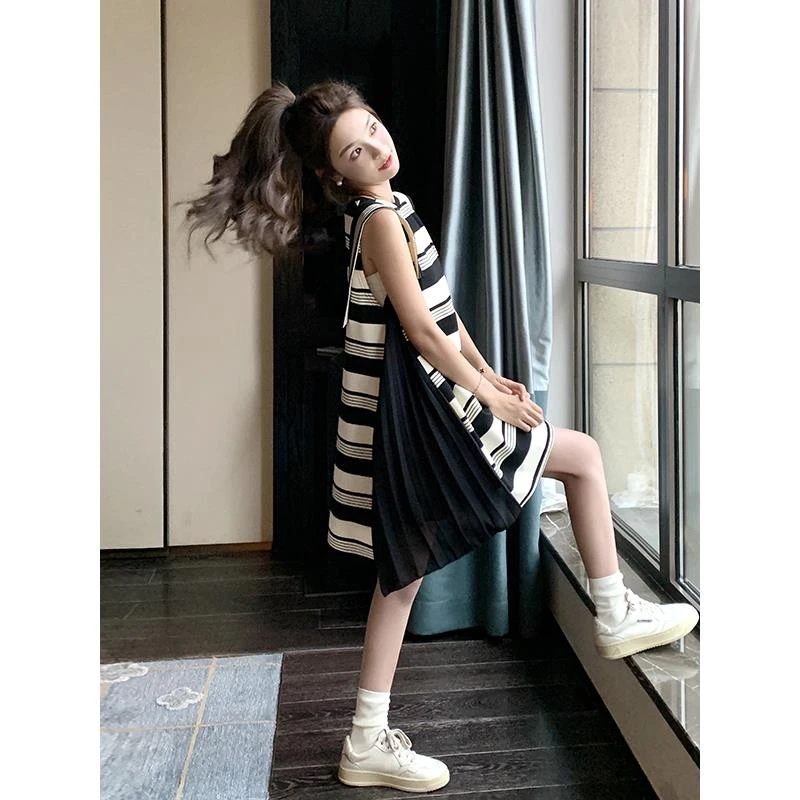 条纹拼接假两件无袖连衣裙女中长款夏今年流行减龄小个子a字裙子