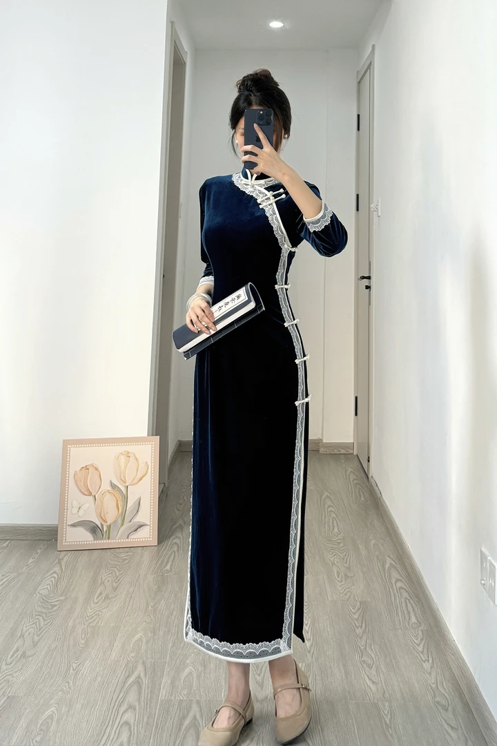 [岚织梦]苏禾旗袍秋冬新款长袖单层改良款长度约125