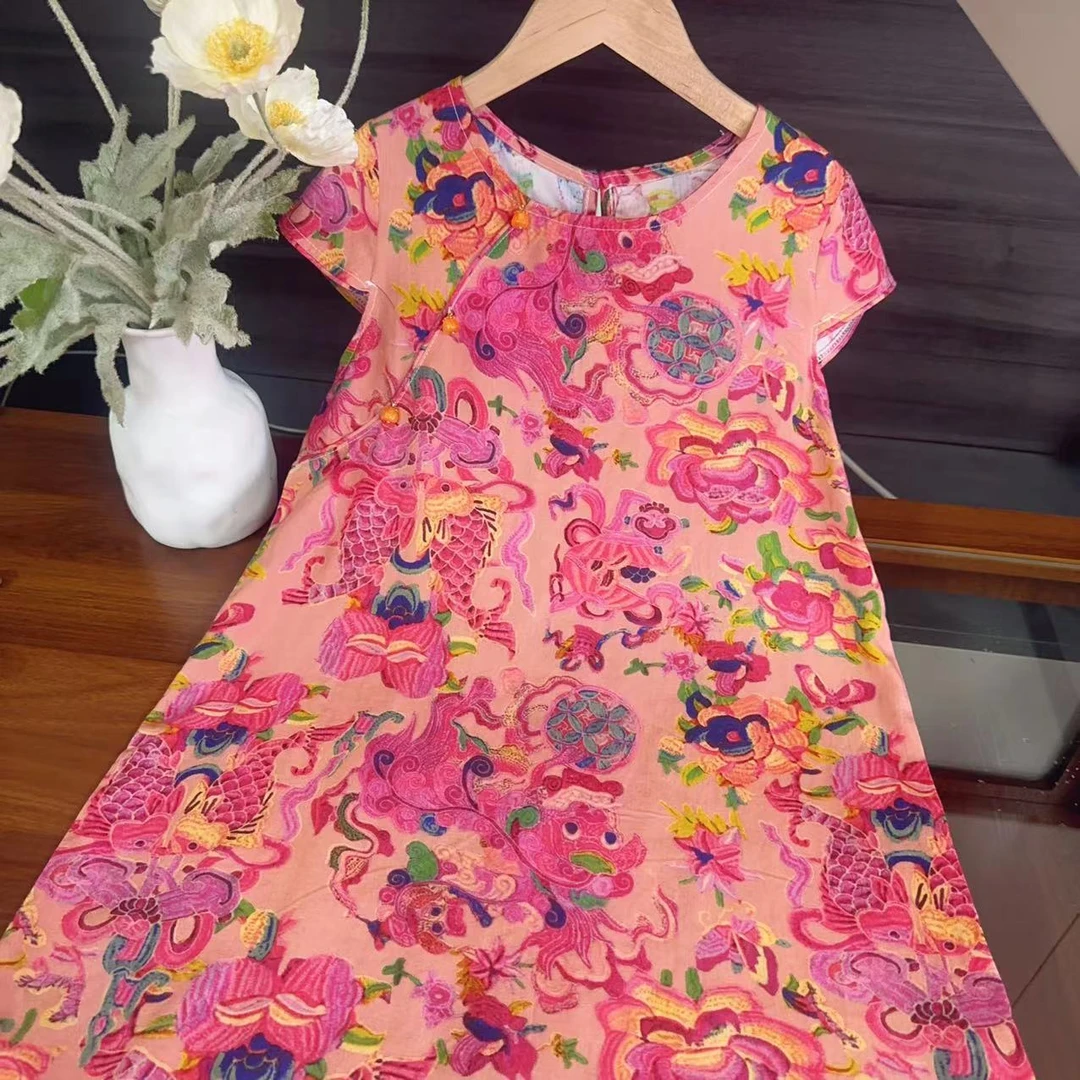 圆领如意   国风棉绸旗袍2025夏季国风女童长款印新中式旗袍