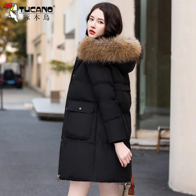 【官方品牌】啄木鳥中长款羽绒服女冬季2025新款白鸭绒宽松加厚外套