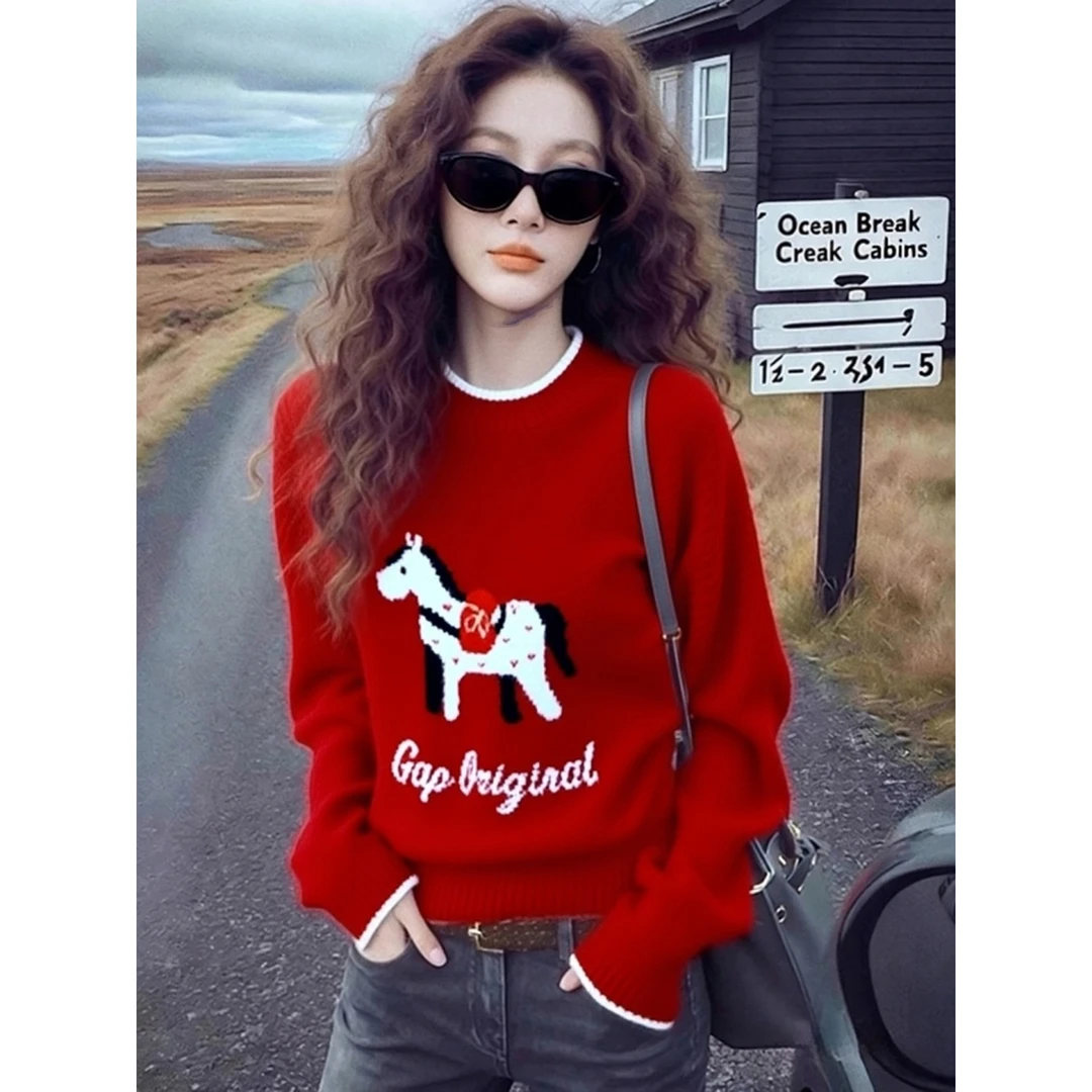 秋冬红色氛围感美式小马提花毛衣针织打底衫女内搭慵懒风长袖上衣