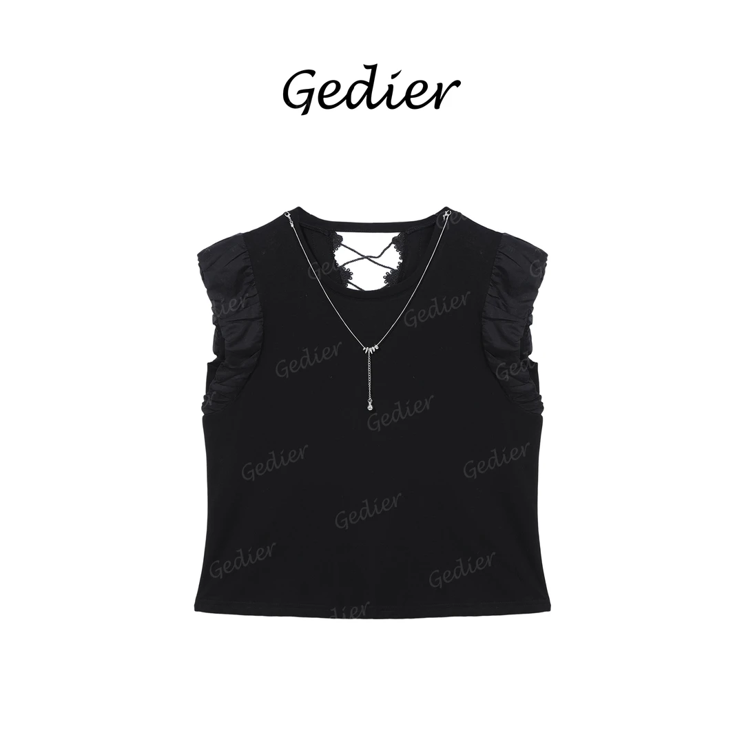【歌蒂尔】设计师款时尚甜酷炸街褶边无袖T恤 痞帅上衣 TG521190Y