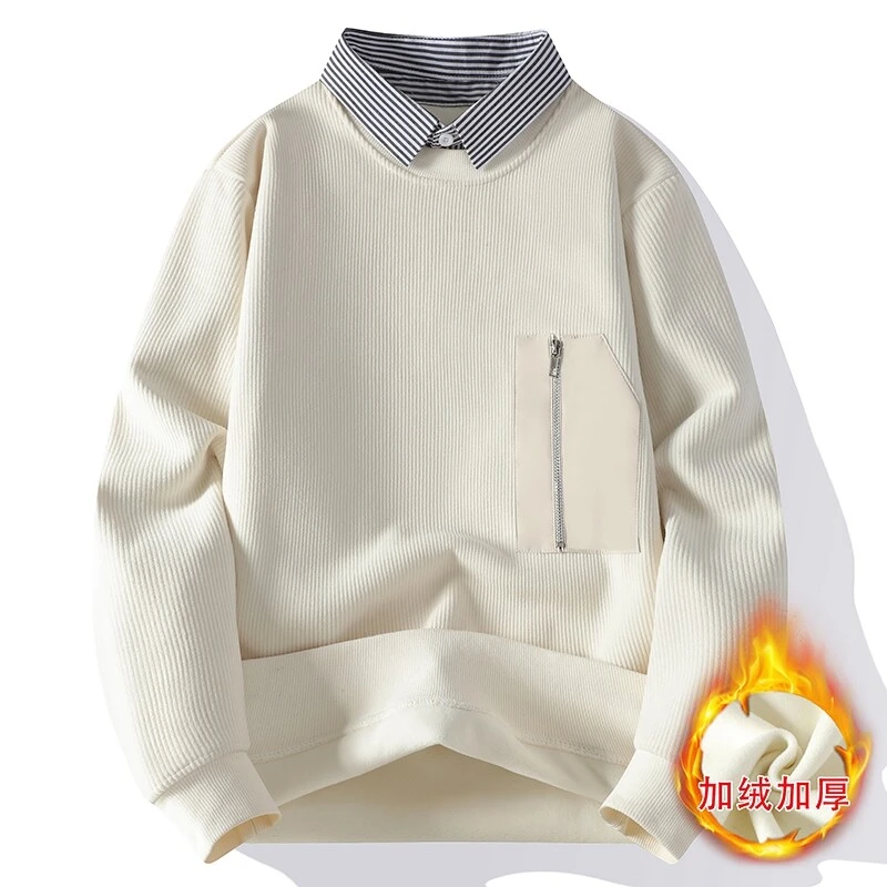 男士秋冬季加绒保暖衬衫领针织衫加厚假两件毛衣男潮流韩版一体绒
