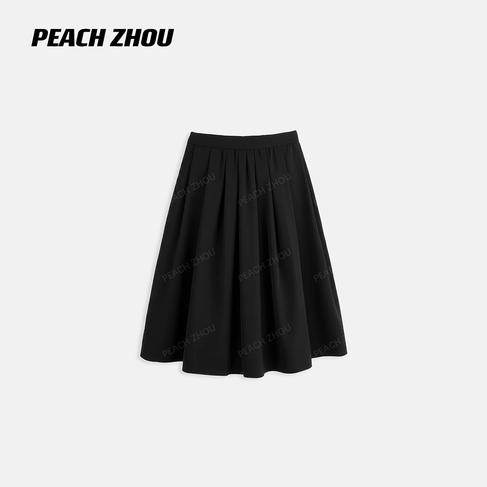 『PEACHZHOU』压褶纯色遮胯半身裙简约休闲松紧腰通勤百搭松驰A字裙