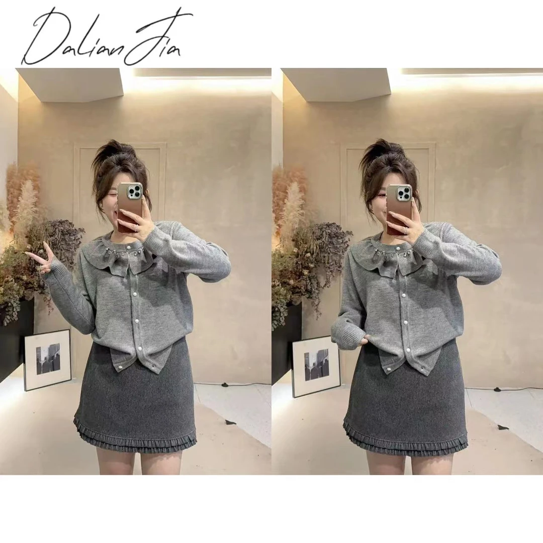 晶咕【花边千金】韩版毛衣珍珠时尚荷叶领设计感开衫上衣