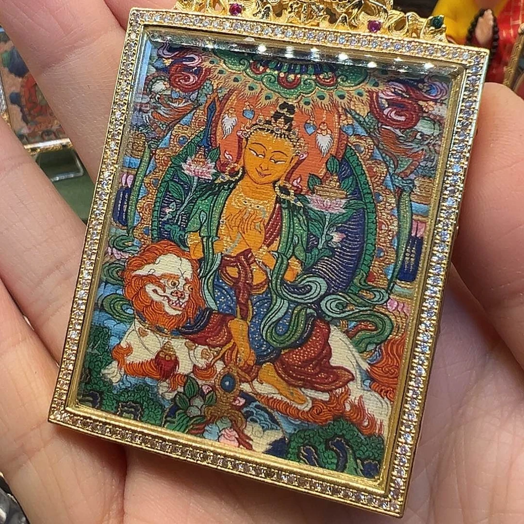 富***贵吊坠纯手绘小唐卡骑狮文殊