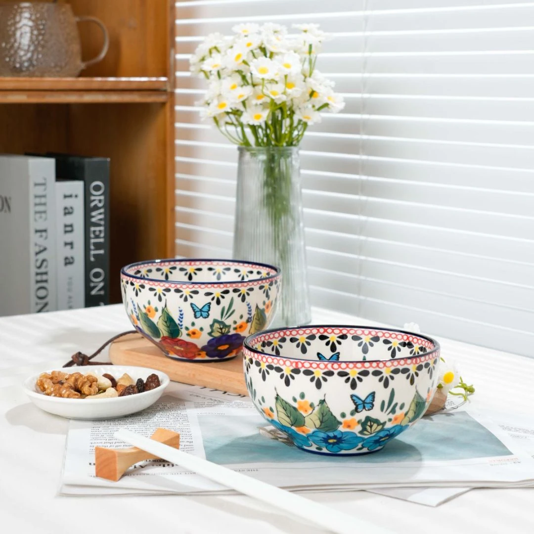 新疆包邮【红蓝凤尾】家用釉下彩陶瓷4.5英寸圆口碗