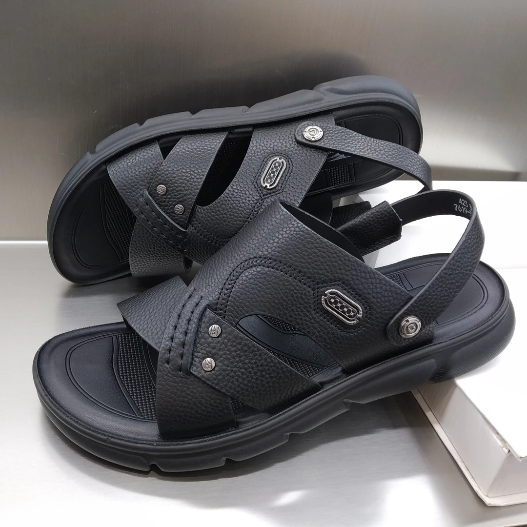 夏发真皮男士沙滩鞋2025夏季透气软底两穿凉拖鞋舒适休闲黑色外穿