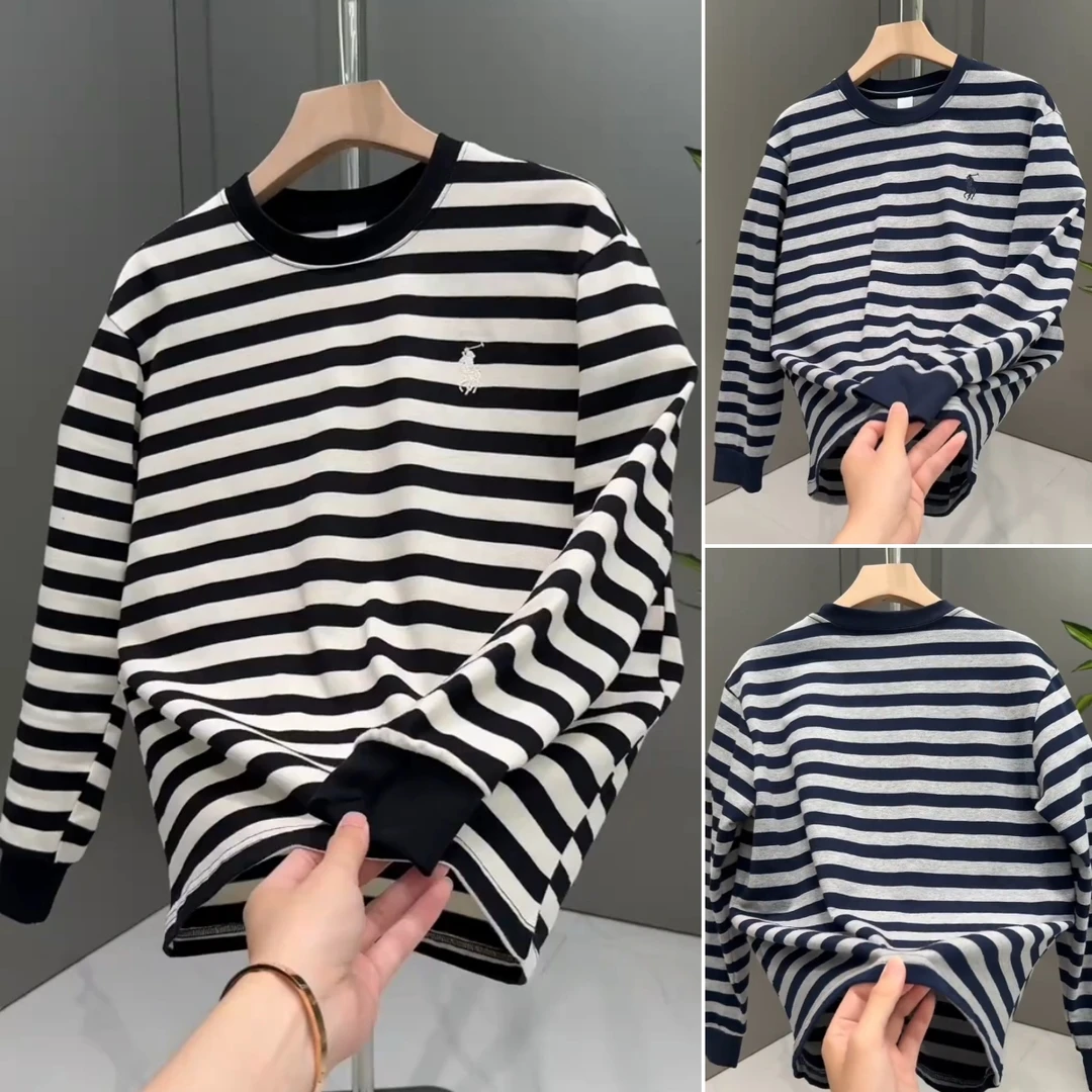 2025秋季上新ins风圆领条纹撞色刺绣长袖T恤百搭潮流宽松休闲卫衣